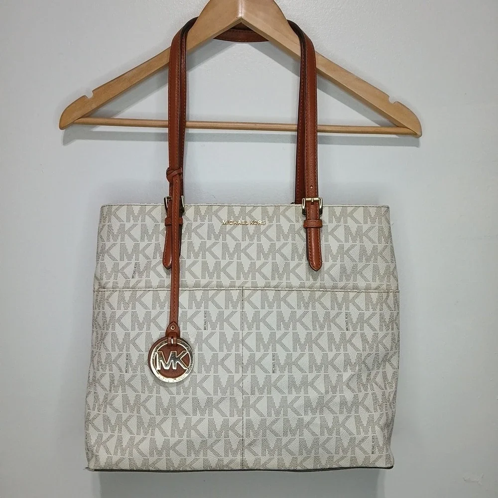 Michael Kors Bedford Tote White Monogram Canvas Leather Straps